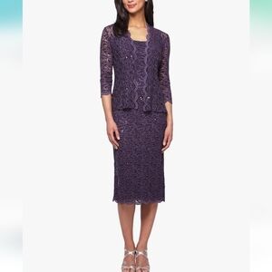 Alex Evenings Women's T-Length All Over Lace Dress with Jacket Set